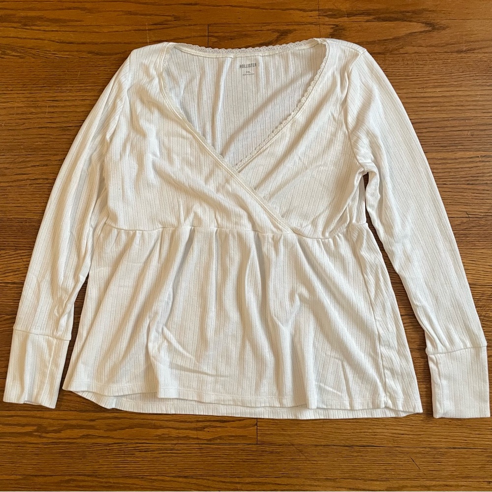 Hollister White Pointelle Faux Wrap Babydoll Long Sleeve